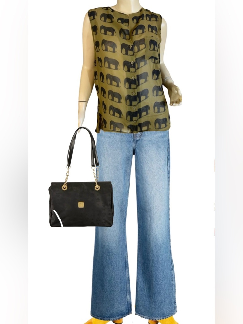 FOREVER 21 OLIVE GREEN & BLACK ELEPHANT PRINT HIGH LOW SHEER TUNIC (S)